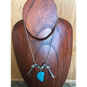 Vtg Turquoise Nugget Necklace With Silver Beads & Trumpets Pendant Liquid Silver